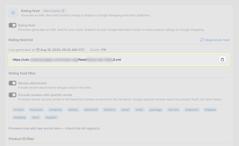 Proviews XML Feed section displaying the generated product rating feed URL