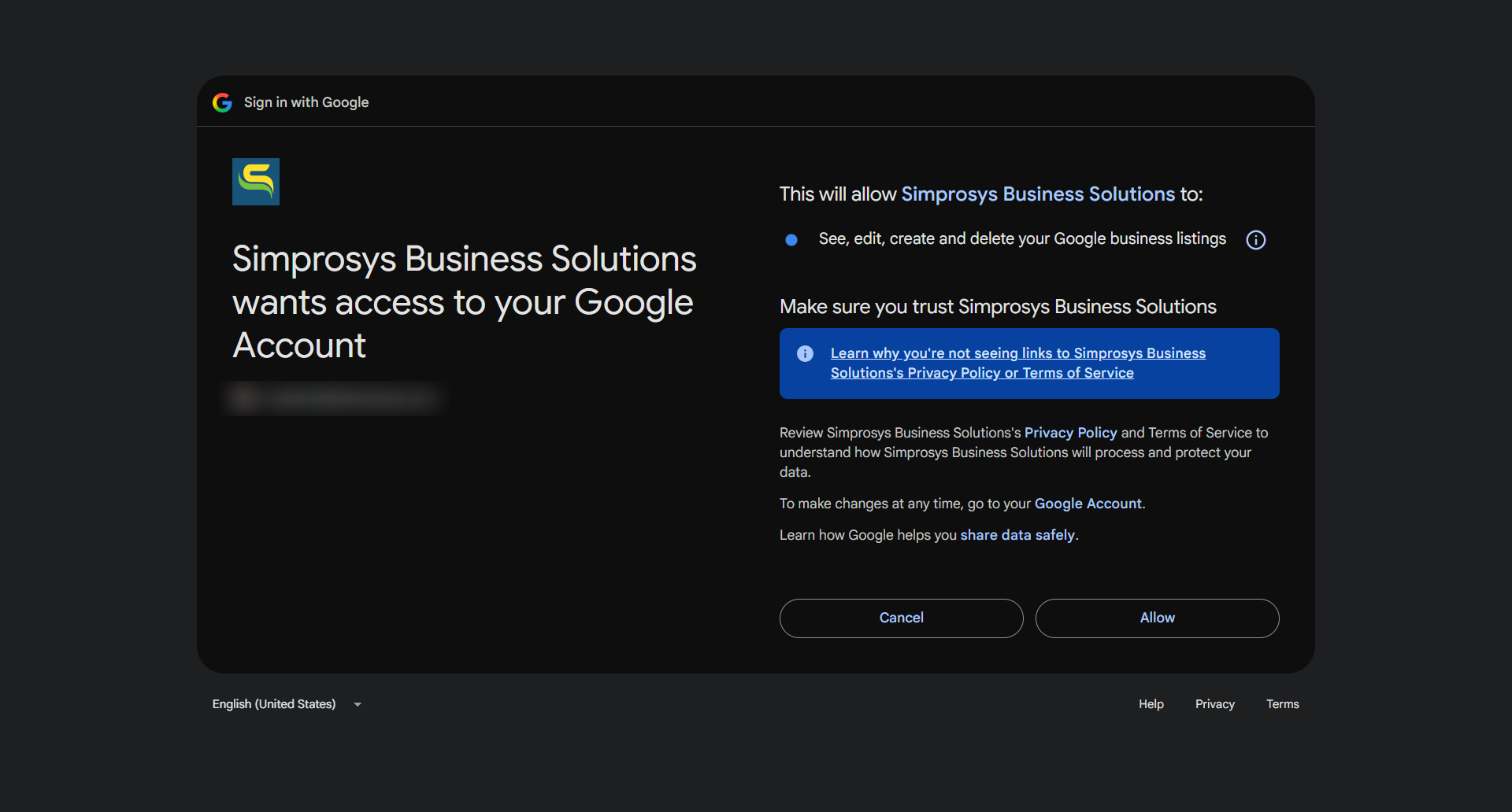 Requested permissions for Simprosys Business Solutions to access your Google business listings