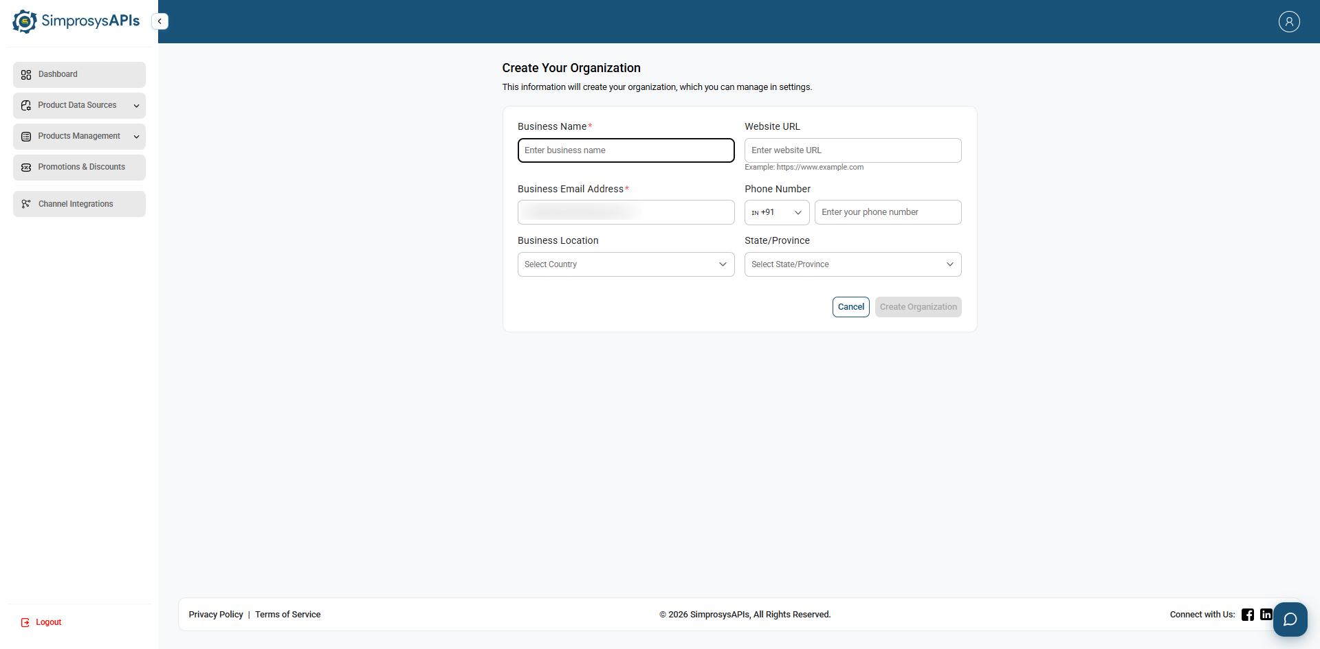 Fill in your Organization's details