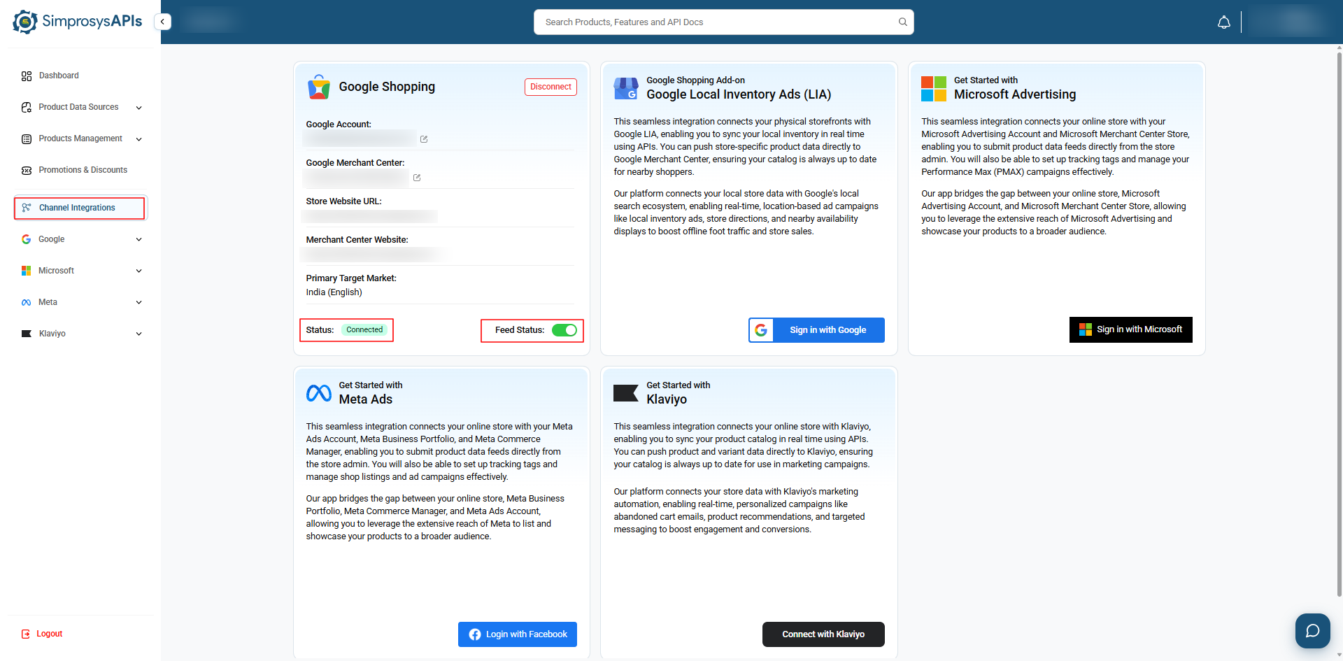 Verify that the Google Shopping integration displays Status: Connected and ensure the Feed Status toggle is turned on