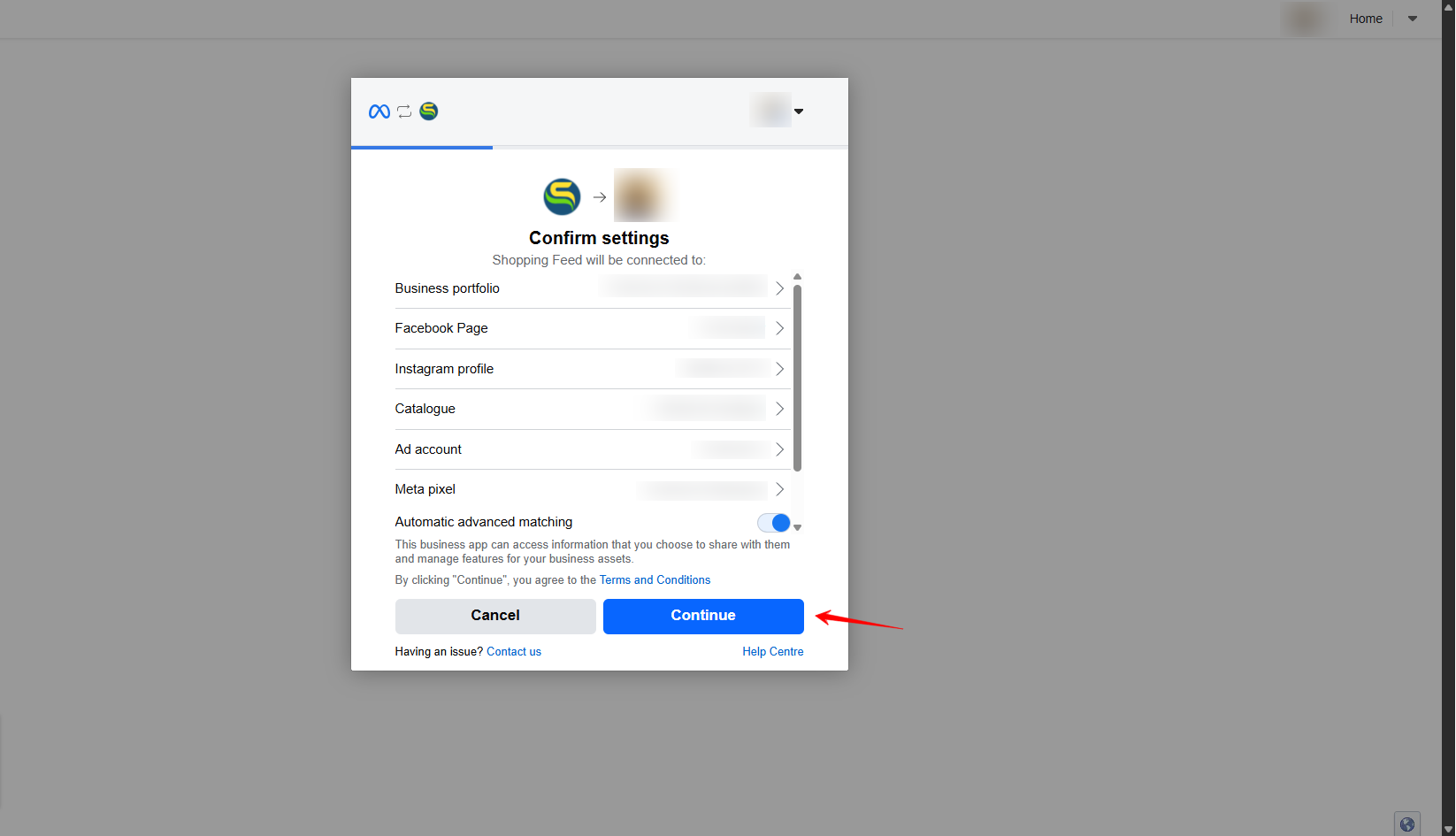 Select or create your Business Portfolio, Catalogue, Ad Account, and Meta Pixel, then click Continue