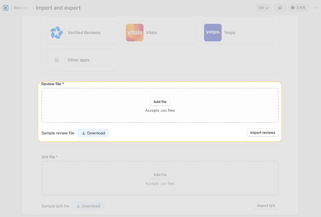 import Reviews screen showing CSV file upload field