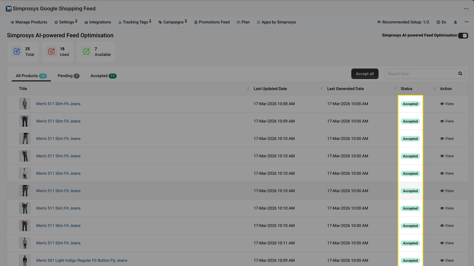 Manage Products page displaying products with Accepted status badges indicating ongoing AI optimization is complete