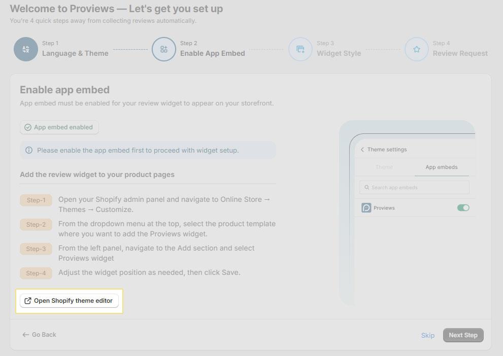 Proviews Integration window with the Open Shopify Theme Editor button highlighted, redirecting to the Shopify Theme Editor