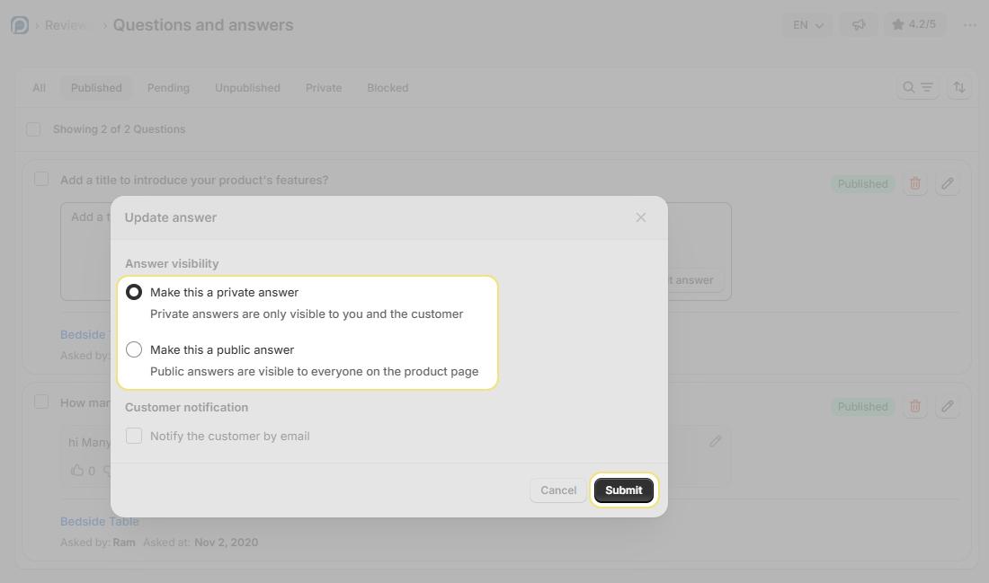 Public and private answer visibility option
