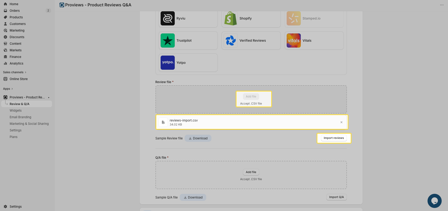 mport Reviews screen showing CSV file upload and highlighted the import reviews