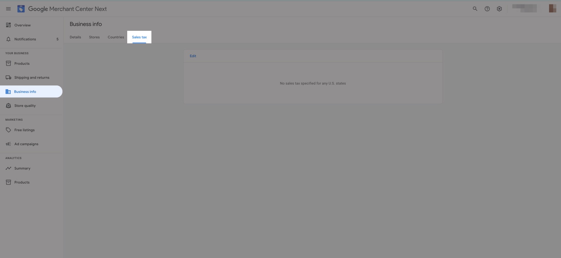 Tax Settings Navigation in Google Merchant Center Next