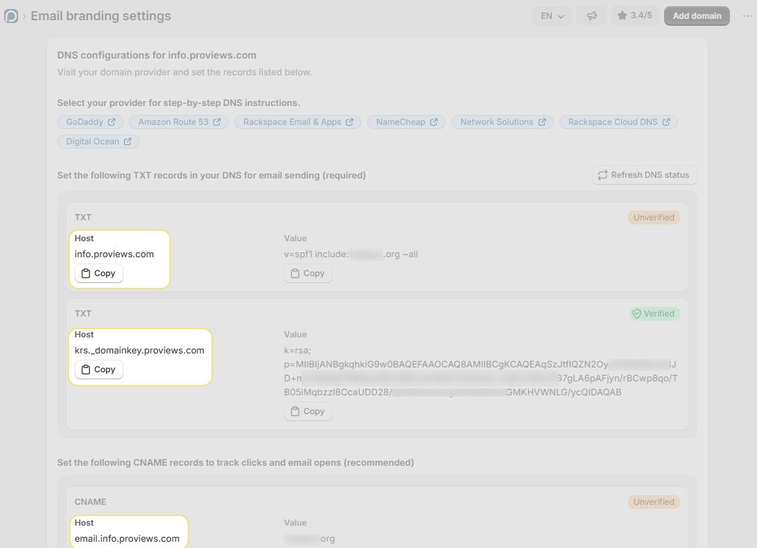 Sending domains and DNS configuration add the TXT and CNAME records exactly as shown
