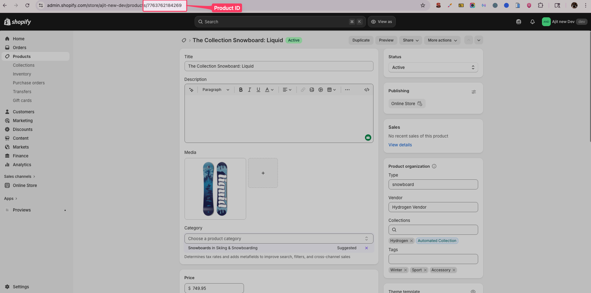 Shopify admin product detail page showing product ID in URL