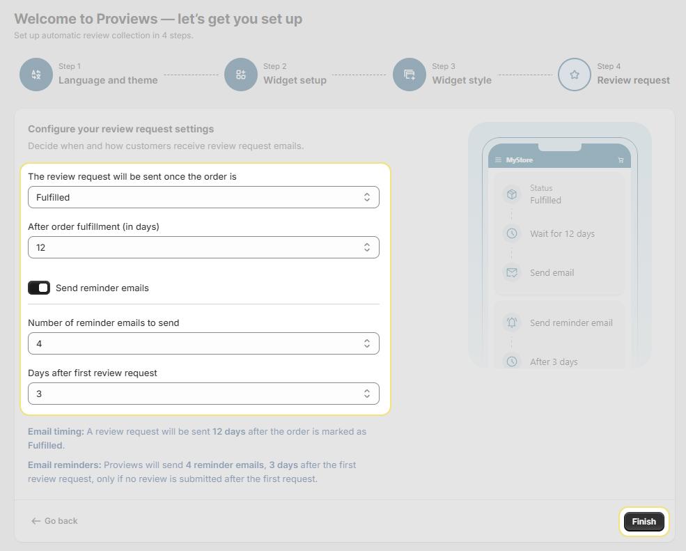 Order status dropdown and delay field with the timeline preview