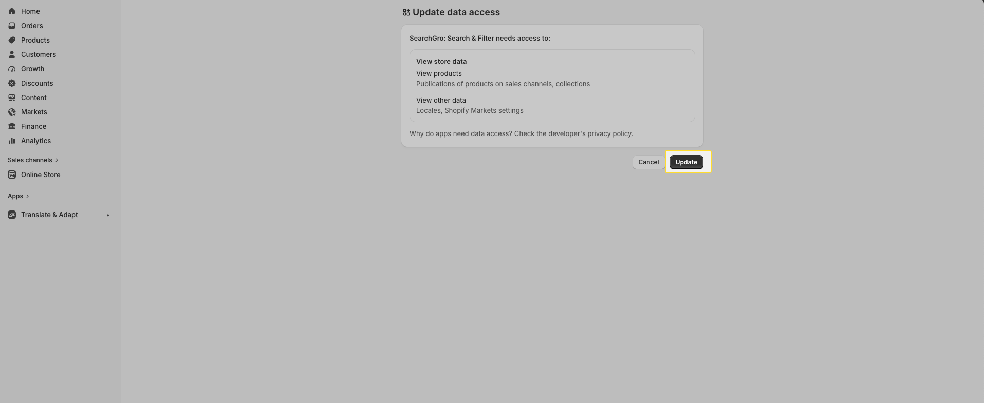 Shopify admin Update data access permission dialog