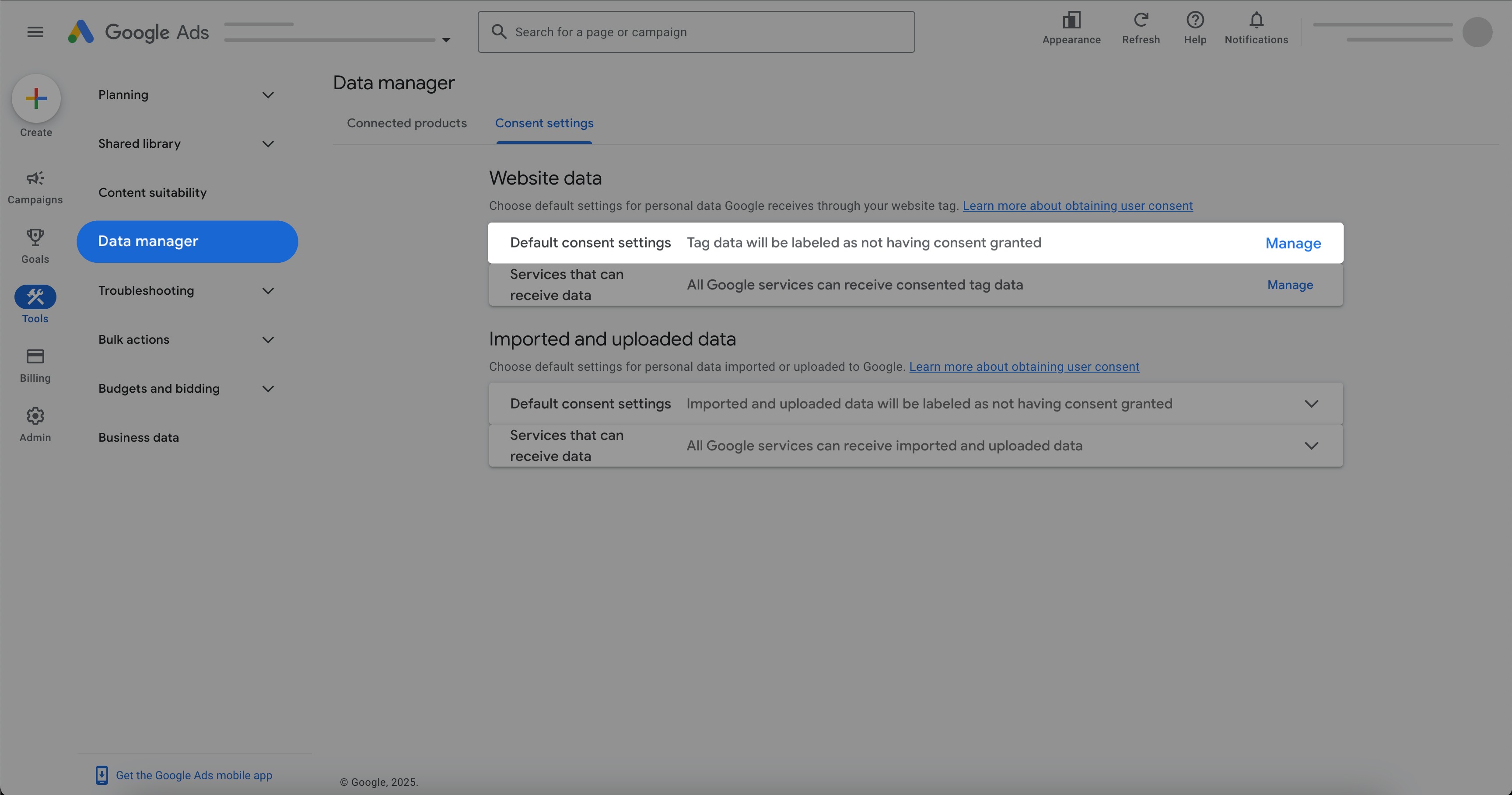 Default consent settings in Google ADs