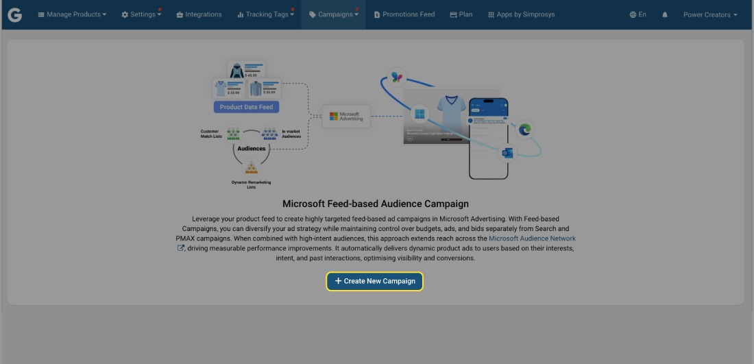 Image displays the interface of the Simprosys Google Shopping Feed app, navigating to the Microsoft Feed-Based Audience Campaign and highlighting the “Create new campaign” button.