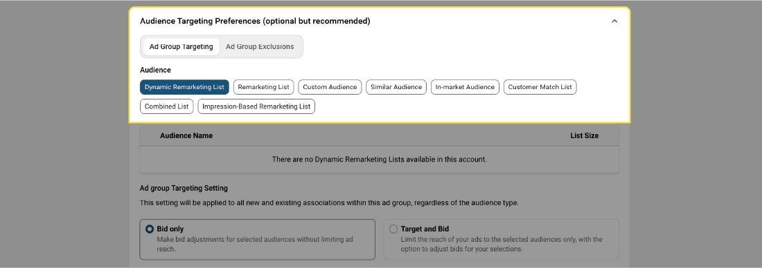 Image displays the Audience targeting preference (Optional but recommended). It contains the Ads group targeting option, like “bid only”, “target and bid” and “default bid adjustment”.