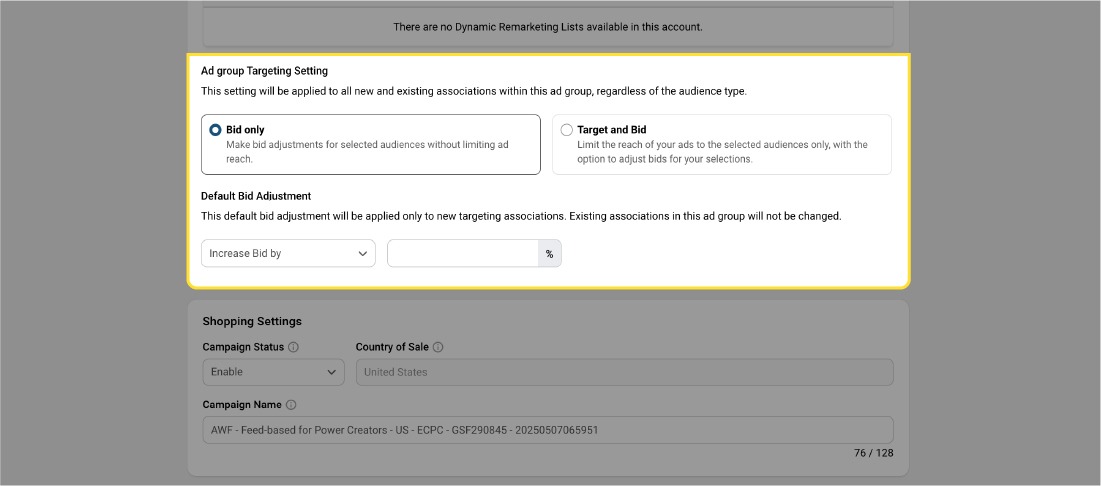 In the app interface, Ad group targeting setting Image displays the audience targeting preferences (optional but recommended), displays Ad Group targeting Options such as Target and Bid or Bid Only.