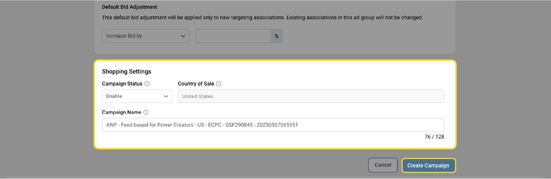 The image displays the interface of the Shopping setting in Simprosys Google Shopping Ads, highlight the options such as campaign status, campaign name, and country of sale.