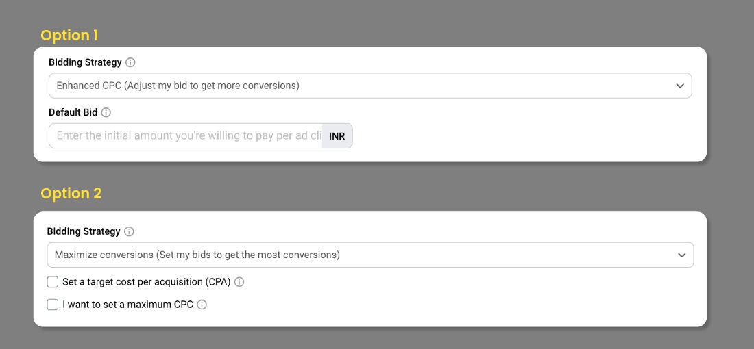 Image display Bidding strategy options, with Option 1 being to enhance CPC (automatically adjusts bids for conversions), and Option 2, which displays Maximize conversions (focuses on getting the most conversions).